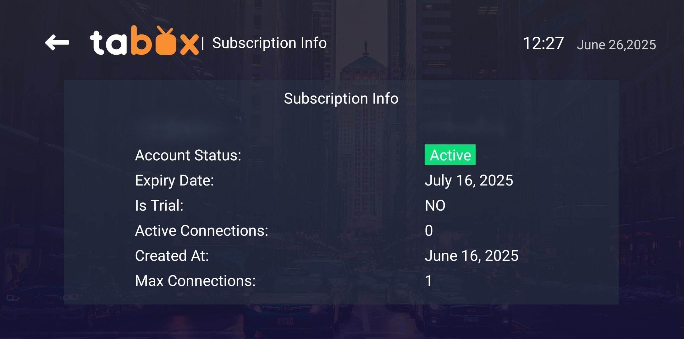 TABOX Account Information Screenshot